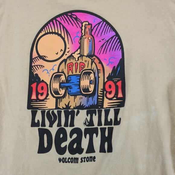 Volcom Skater Graphic T-Shirt Men's L Livin' Till Death Beige Streetwear Grunge - Picture 3 of 10